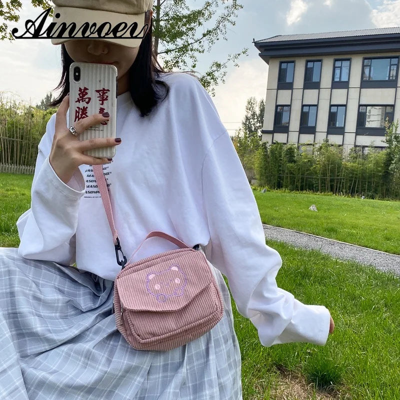 Embroidery Bear Canva Crossbody Bag Portable Mobile Phone Bag