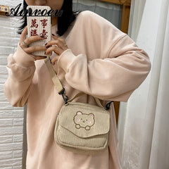 Embroidery Bear Canva Crossbody Bag Portable Mobile Phone Bag