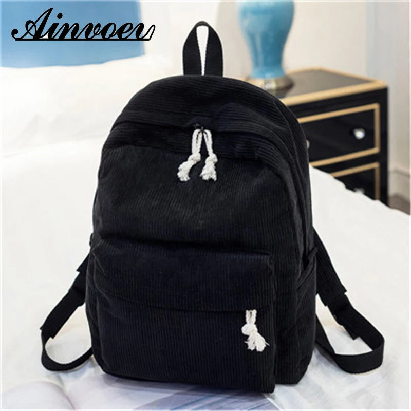Striped Corduroy School Backpack for Teen Girls
