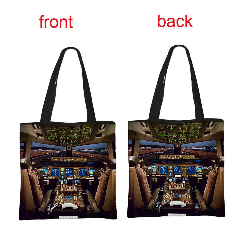 Airplane Print Handbag Flight Women Totes Bags Canvas Shoulder Bags