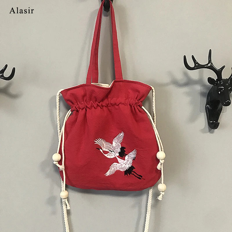 Chinese Style Crane Drawstring Bag Antiquity National Embroidery Bucket