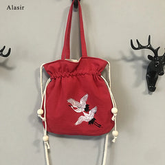 Chinese Style Crane Drawstring Bag Antiquity National Embroidery Bucket