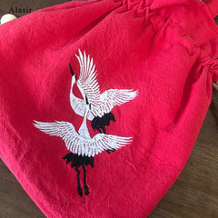 Chinese Style Crane Drawstring Bag Antiquity National Embroidery Bucket