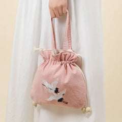 Chinese Style Crane Drawstring Bag Antiquity National Embroidery Bucket