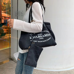 Letter Canvas Shoulder Bag Women Large Shopping Handbag Casual Tote Bags