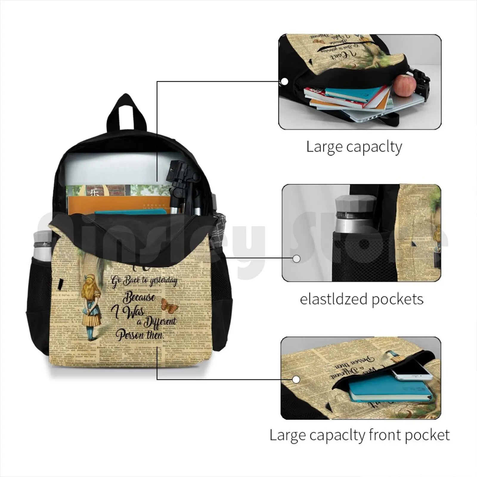 Alice In Vintage Dictionary Art Outdoor Hiking Backpack Waterproof