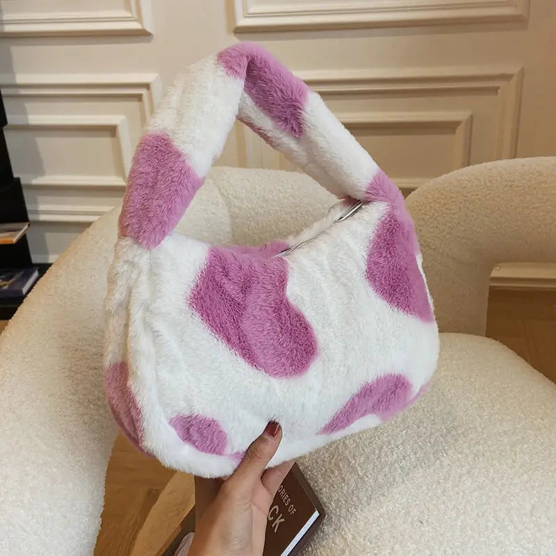 Women's Love Printed Small Plush Shoulder Bag Soft Handbag