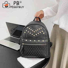 Waterproof PU Leather Backpack Rivet Studded Satchel School Bag