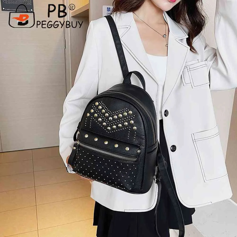 Waterproof PU Leather Backpack Rivet Studded Satchel School Bag