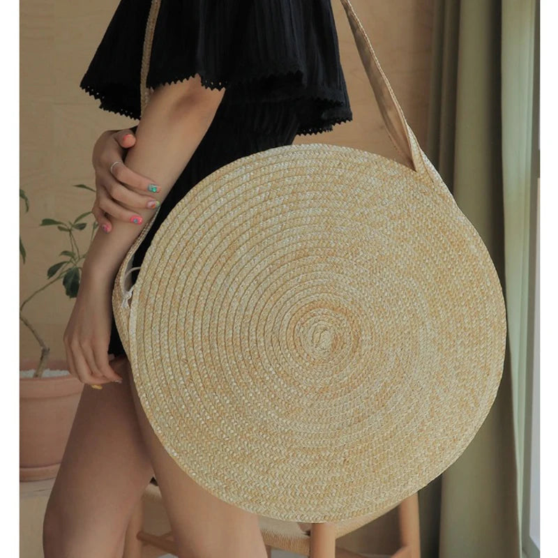 Summer Round Straw Bag for Women Large Drawstring Beach Bags Vintage Handbags