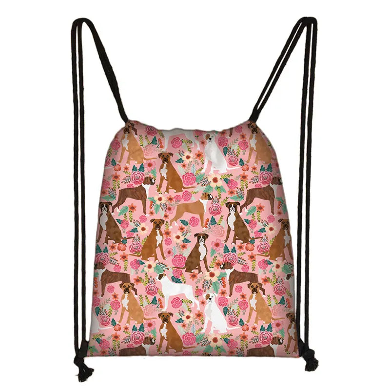 Flower Cat Dog Print Drawstring Bag Women Backpacks Multi-function Shoe Bag