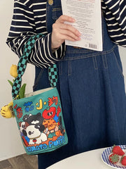 Animal Cartoon Print Bucket Shoulder Bag Canvas Tote
