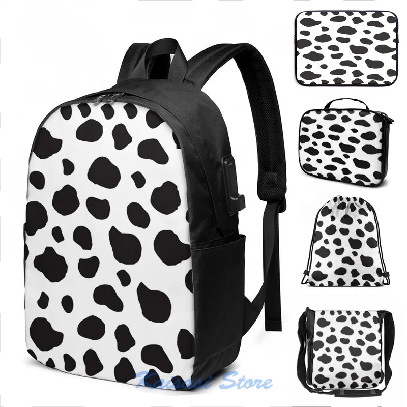 Animal Print Cow Spots USB Charge Backpack School Travel Laptop Bag