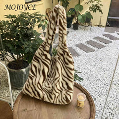 Leopard Cow Pattern Retro Handheld Shopping Bag Soft Fluffy Large Capacity