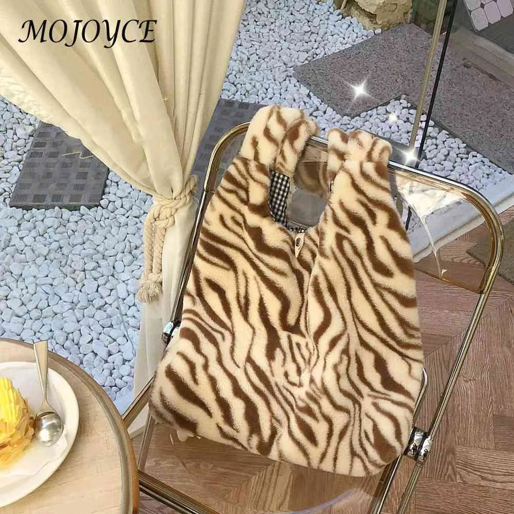 Leopard Cow Pattern Retro Handheld Shopping Bag Soft Fluffy Large Capacity