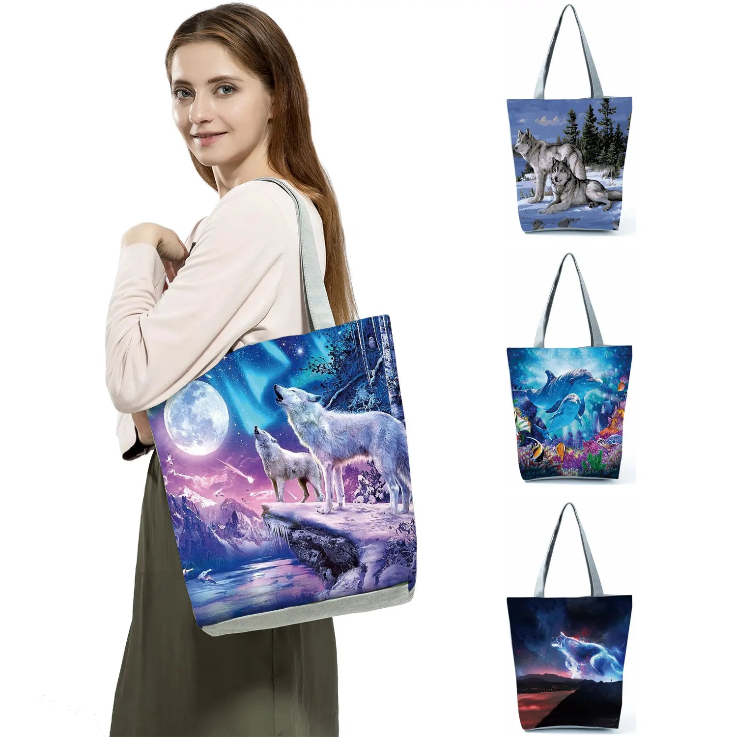 Wolf Printed Shoulder Bag High Capacity Eco Friendly Portable Shopping Bag
