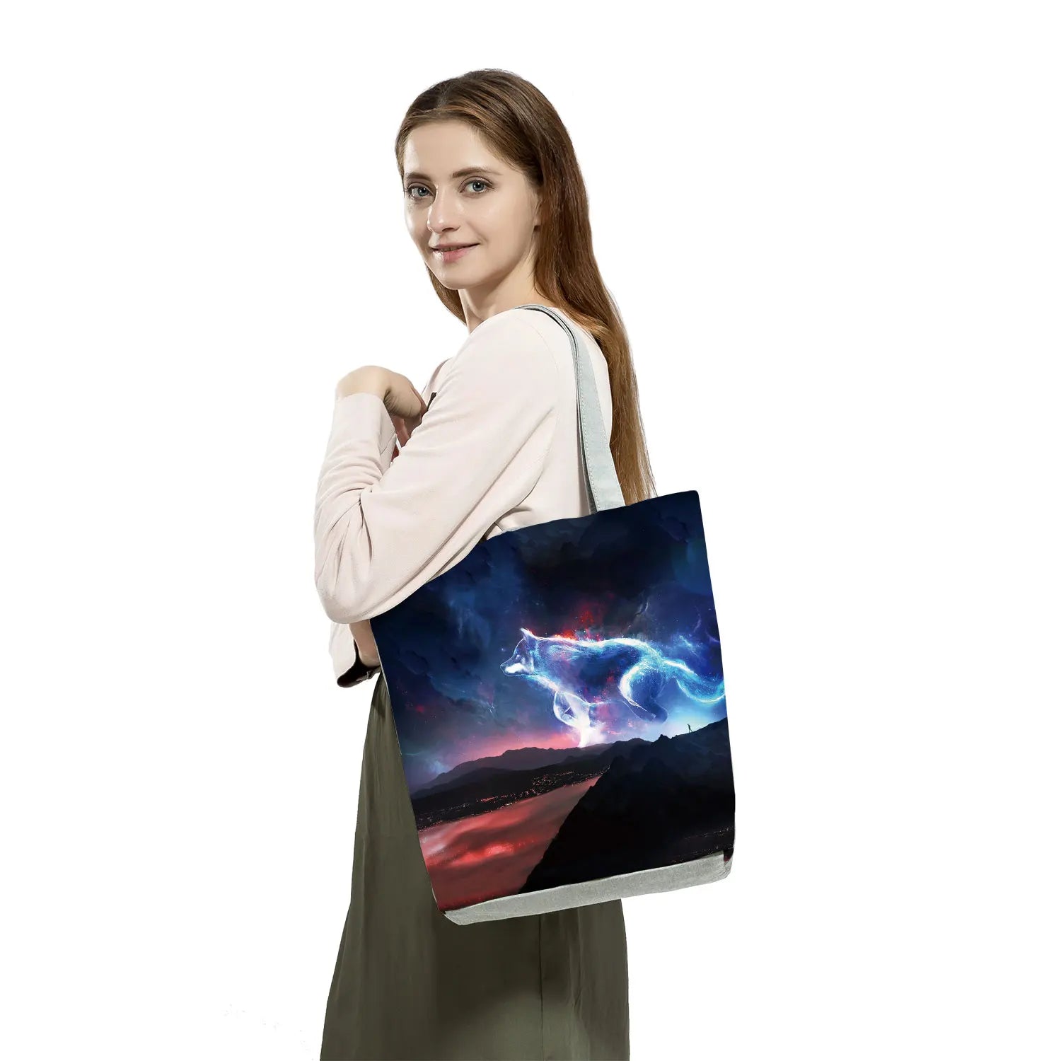 Wolf Printed Shoulder Bag High Capacity Eco Friendly Portable Shopping Bag