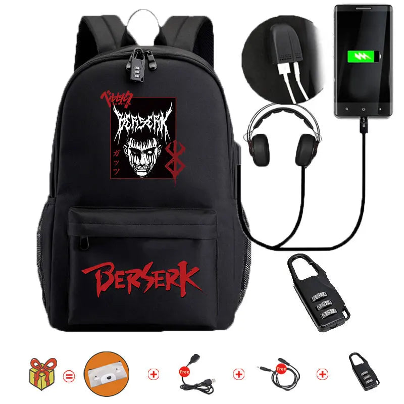 Anime Berserk School Bag Backpack USB Teenagers Backpack Kids Bag
