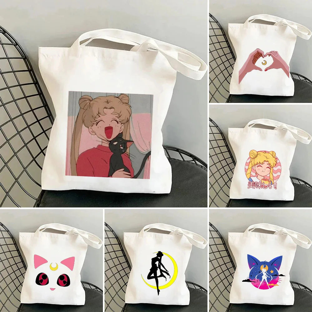 Anime Girl Moon Silhouette Canvas Shoulder Bag Harajuku Handbag Tote Eco Shopper
