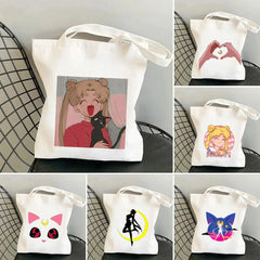 Anime Girl Moon Silhouette Canvas Shoulder Bag Harajuku Handbag Tote Eco Shopper