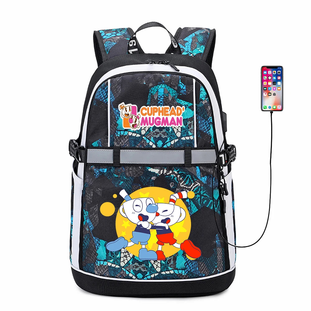 Anime Cuphead Oxford USB Backpack Cartoon Travel Schoolbag