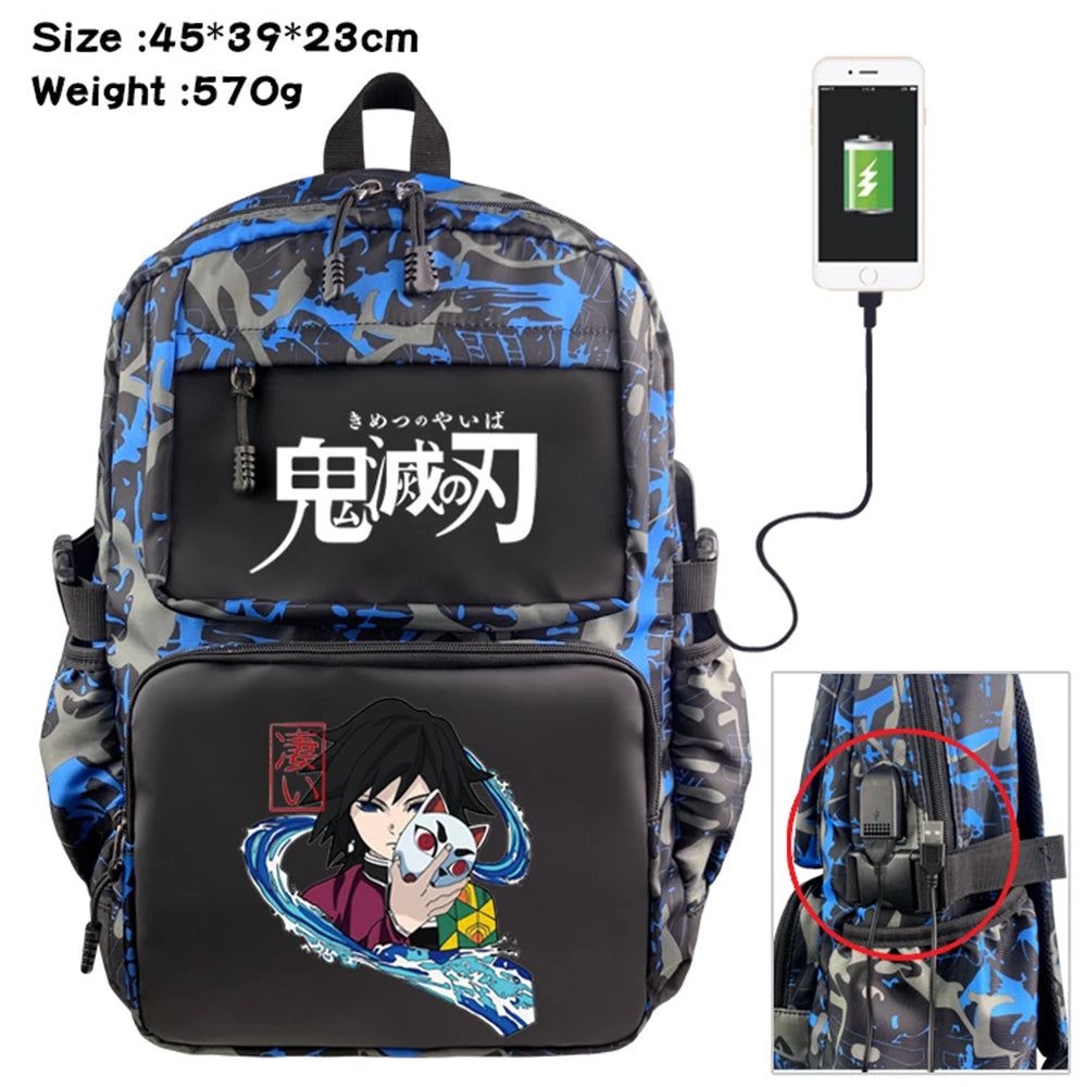 Anime Demon Slayer USB Backpack Student Schoolbag Casual Teenger Travel Knapsack