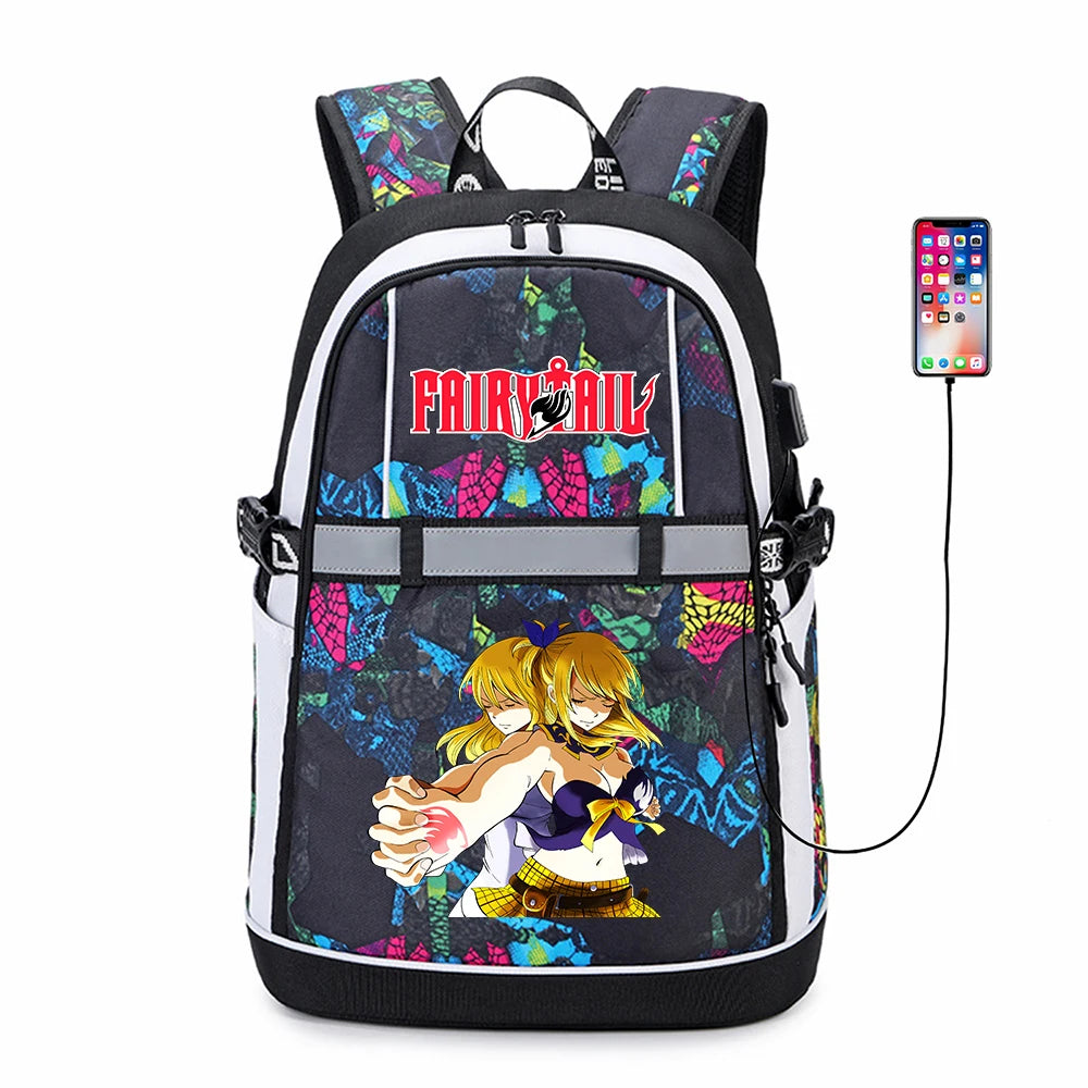 Anime FAIRY TAIL Oxford USB Backpack Reflective Stripe Cartoon Teenger Bookbag