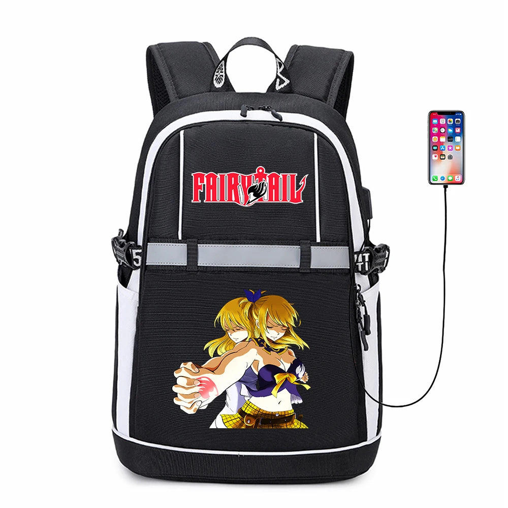 Anime FAIRY TAIL Oxford USB Backpack Reflective Stripe Cartoon Teenger Bookbag