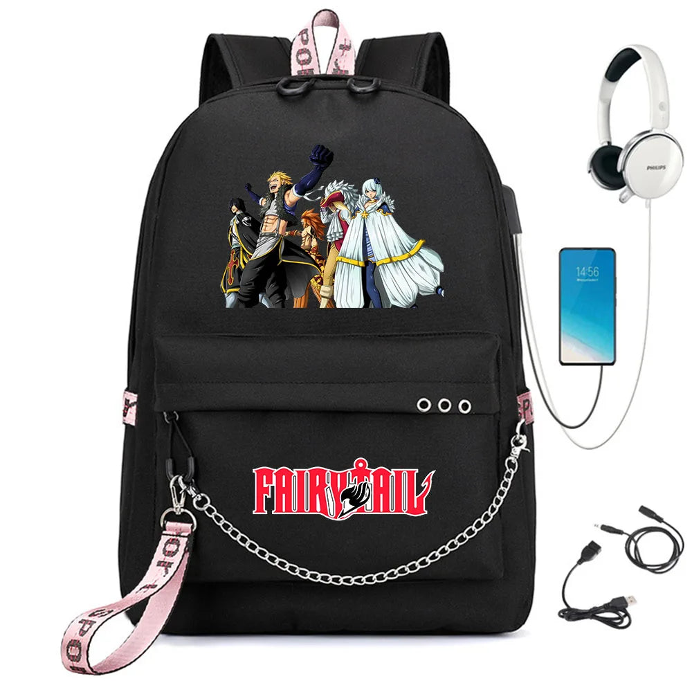 Fairy Tail Nylon Backpack Schoolbag USB Charge Teenger Travel Laptop Bag