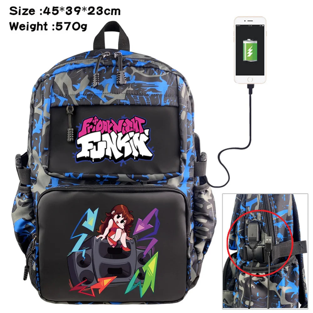 Anime Friday Night Funkin Nylon Backpack USB Schoolbag Laptop Bag