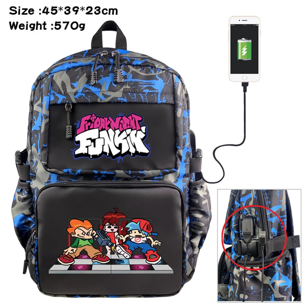 Anime Friday Night Funkin Nylon Backpack USB Schoolbag Laptop Bag