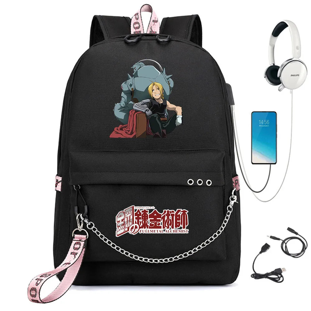 Fullmetal Alchemist Nylon Backpack USB Schoolbag Student Laptop Bag