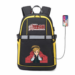 Anime Fullmetal Alchemist Oxford USB Backpack Reflective Stripe Zipper Schoolbag