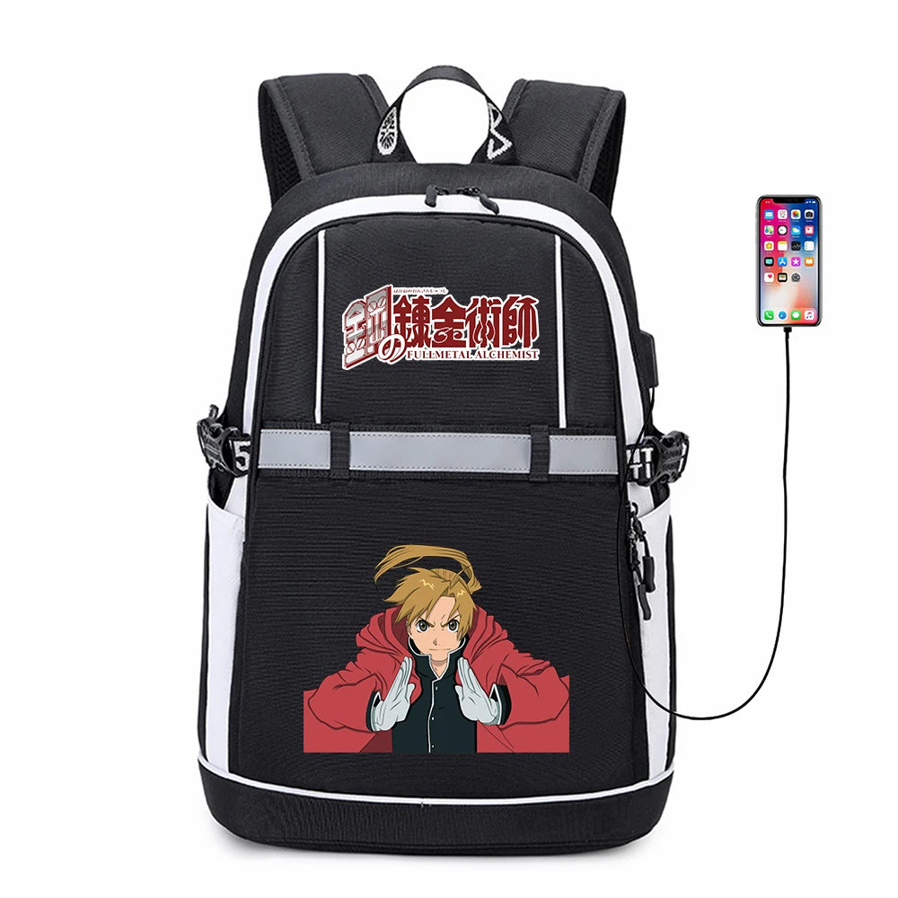 Fullmetal Alchemist Student USB Backpack Reflective Stripe Zipper