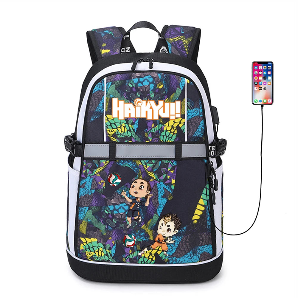 Haikyuu!! Anime USB Backpack Reflective Stripe Teenger Bookbag