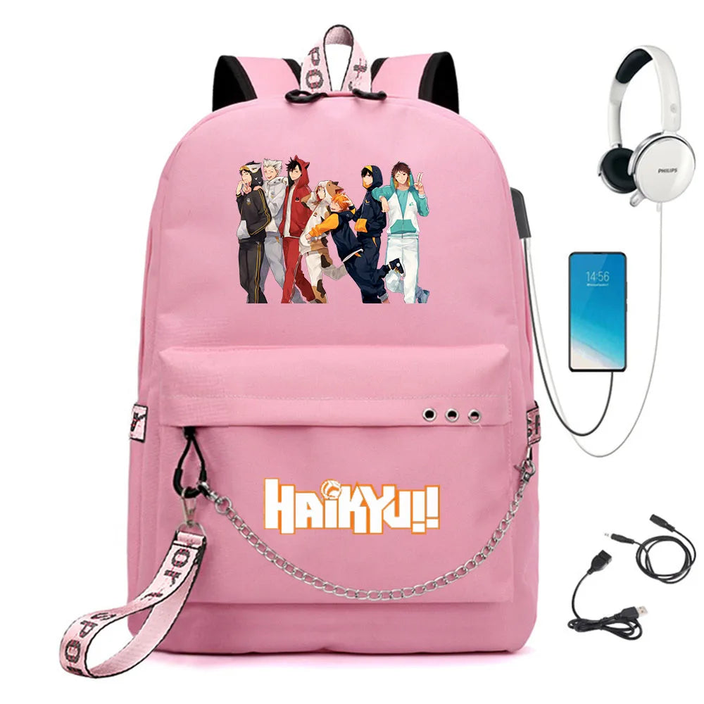 Anime Haikyuu Nylon Backpack USB Charge Schoolbag Packsack