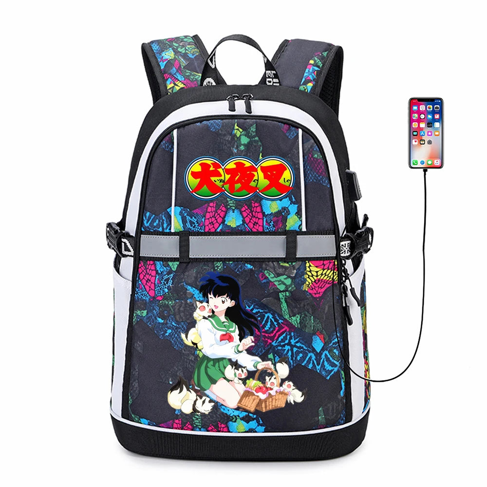Inuyasha Anime USB Backpack Reflective Stripe Schoolbag