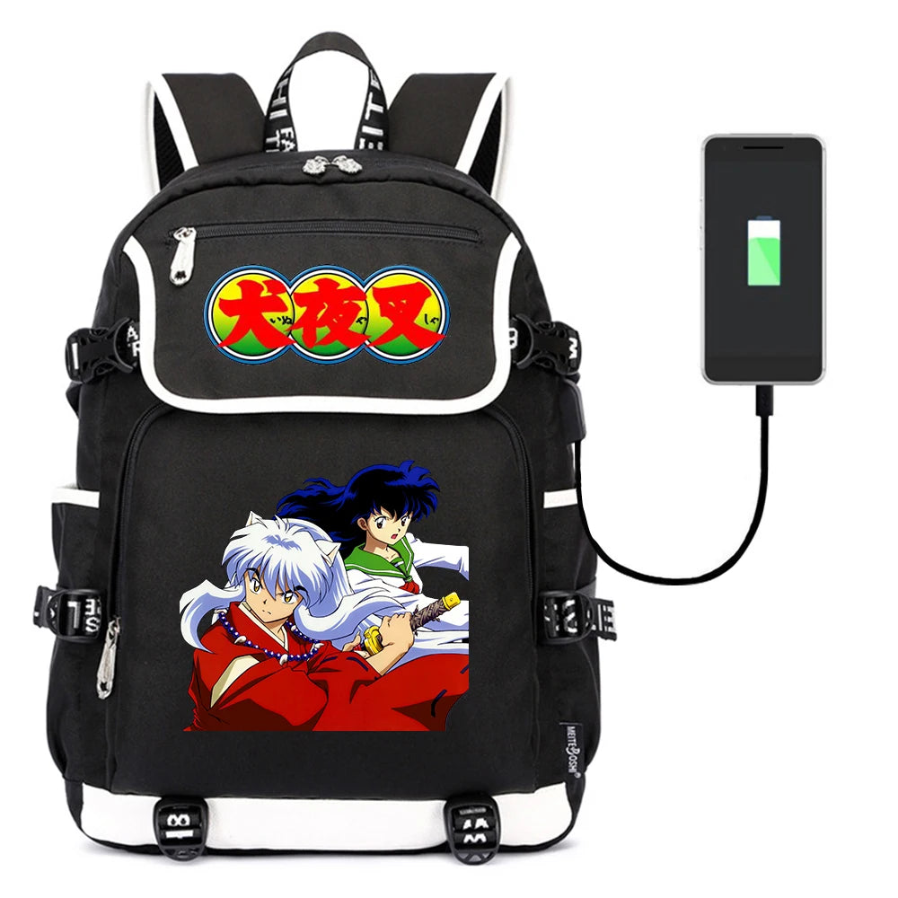 Anime Inuyasha Print Backpack USB Charging Knapsack Unisex Packsack
