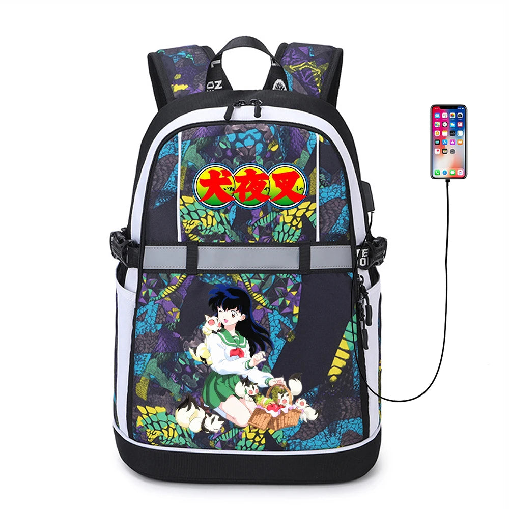 Inuyasha Anime USB Backpack Reflective Stripe Zipper Student Bookbag