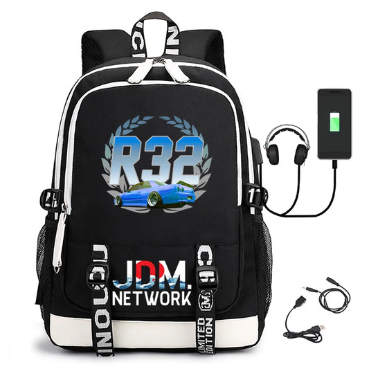 Anime JDM Print Backpack Large Capacity Student Schoolbag USB Charging