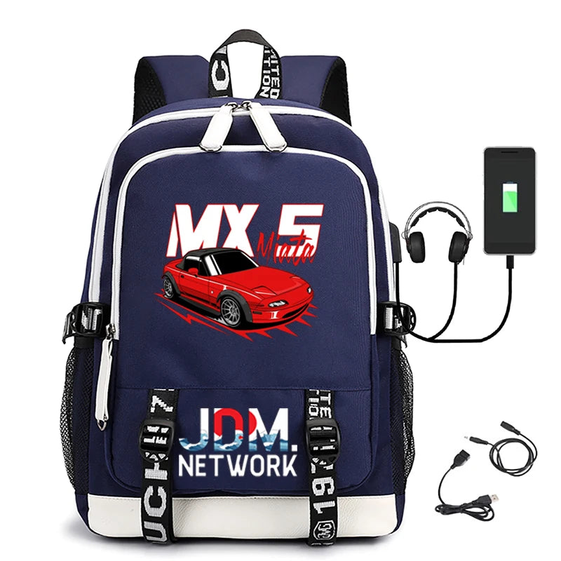 Anime JDM Print Backpack Large Capacity Student Schoolbag USB Charging