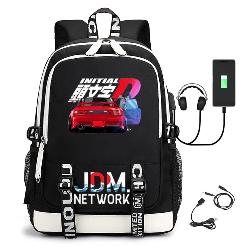 Anime JDM Print Backpack Large Capacity Student Schoolbag USB Charging