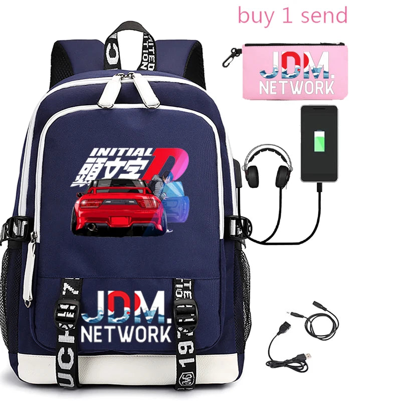Anime JDM Print Backpack Large Capacity Student Schoolbag USB Charging