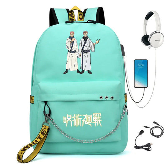 Jujutsu Kaisen Print Knapsack Schoolbag USB Travel Backpack