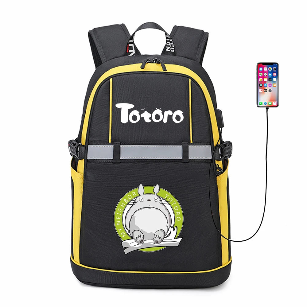 Anime Totoro Oxford USB Backpack Reflective Stripe Zipper Bookbag