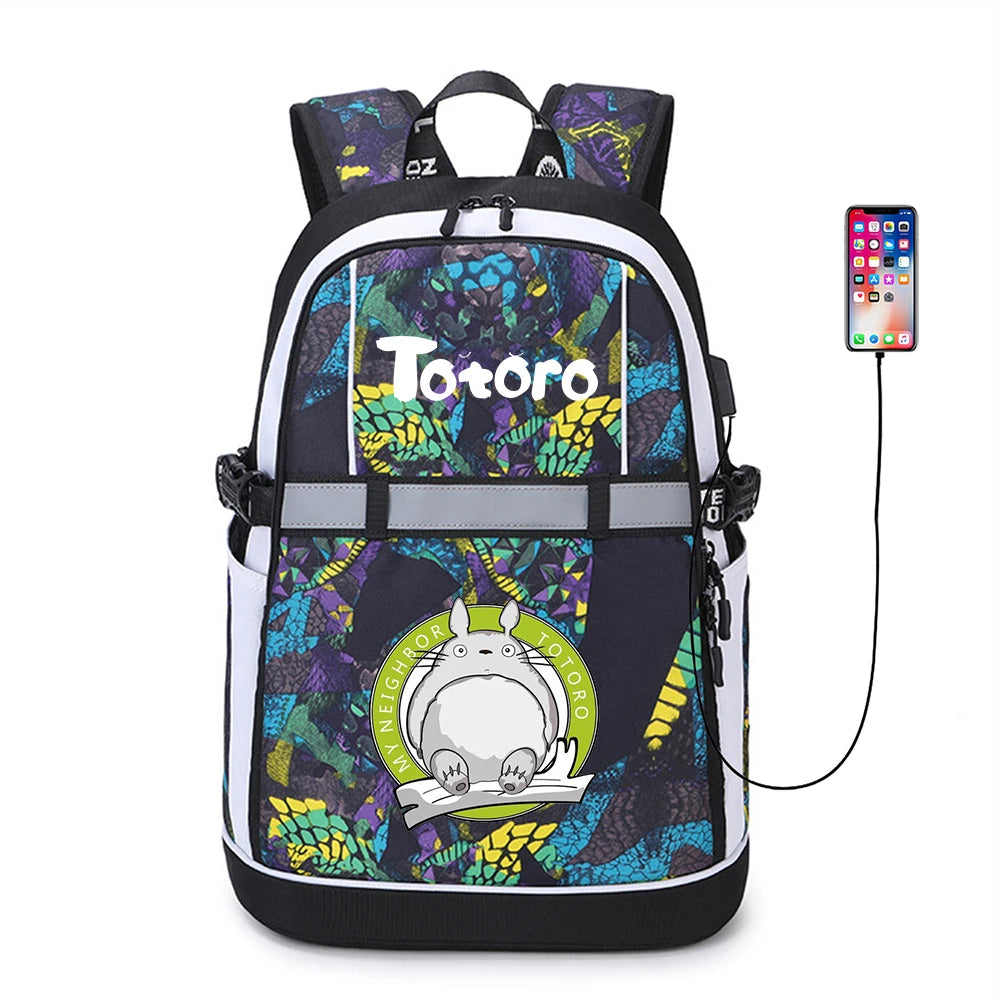 Anime Totoro Oxford USB Backpack Reflective Stripe Zipper Bookbag