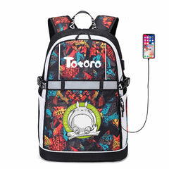 Anime Totoro Oxford USB Backpack Reflective Stripe Zipper Bookbag