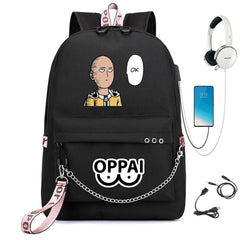 Anime One Punch-Man Backpack USB Charging Headphone Teens Student Schoolbag
