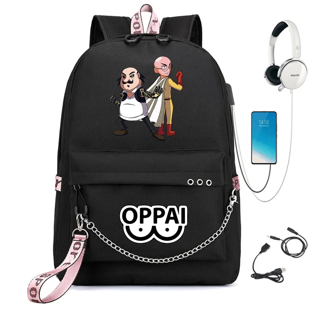 Anime One Punch-Man Backpack USB Charging Headphone Teens Student Schoolbag