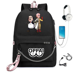 Anime One Punch-Man Backpack USB Charging Headphone Teens Student Schoolbag